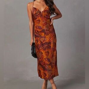 Brown Marble Print Satin Dress
